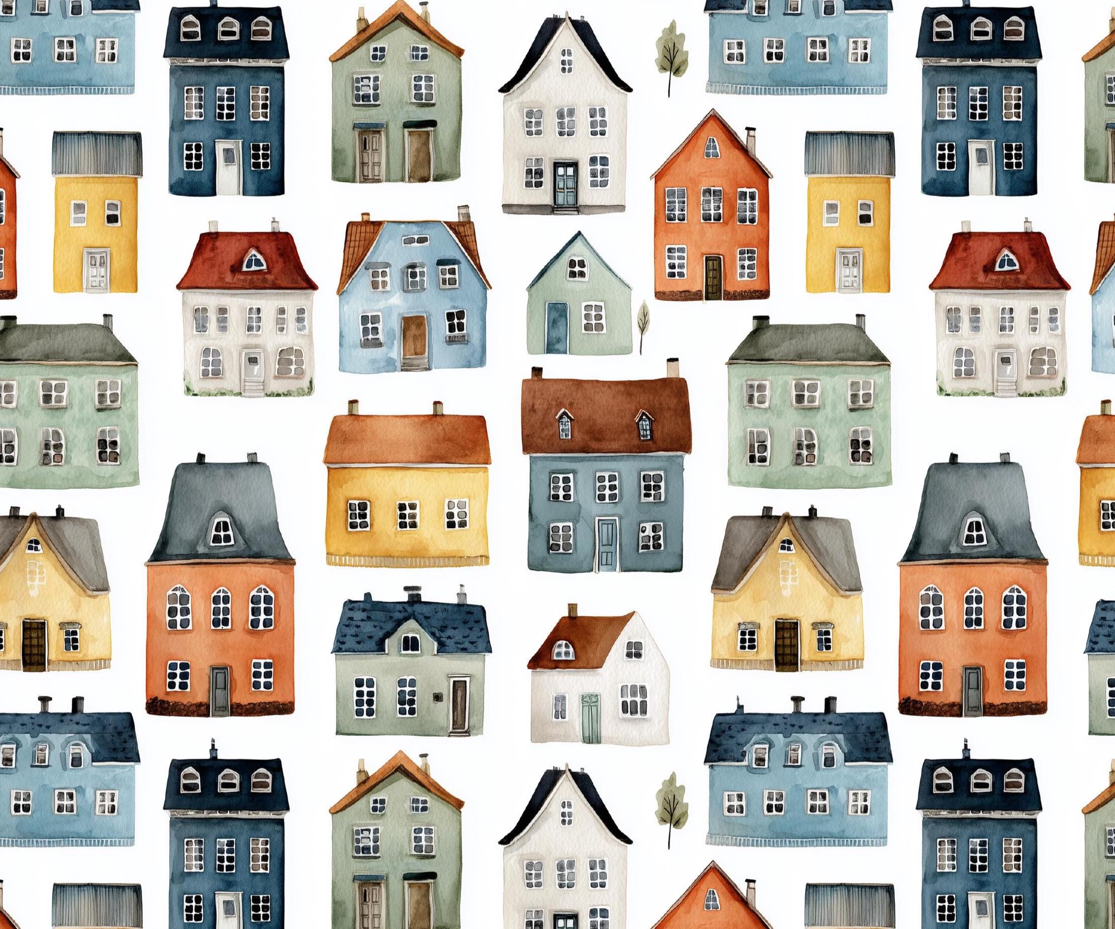 Watercolor Village Cotton fabric 100% Cotton - Drewie Pie Fabrics