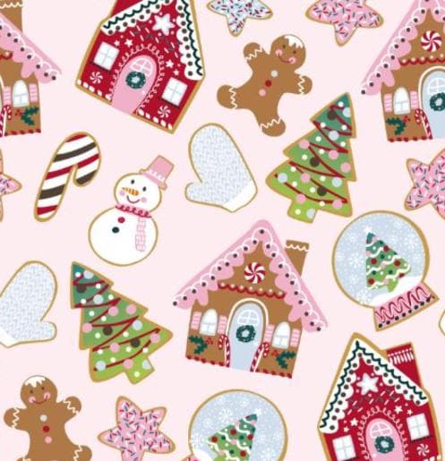 Pink Christmas Gingerbread Cookies Cotton fabric - Christmas - holiday- continuous cuts