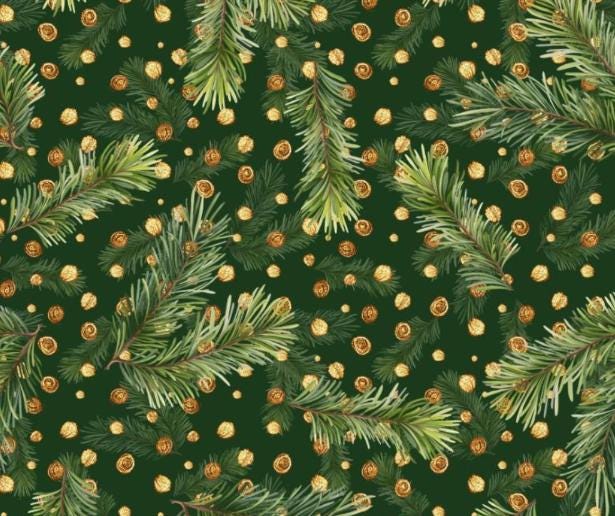 Evergreen Tree Branches & Dots Christmas Cotton Fabric Cotton Fabric- 100% Cotton -
