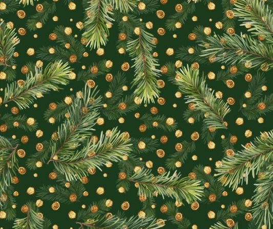 Evergreen Tree Branches & Dots Christmas Cotton Fabric Cotton Fabric- 100% Cotton -