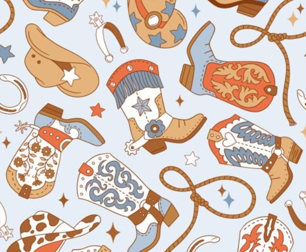 Cowboy Tossed Hats & Boots Cotton Fabric- 100% Cotton - Fabric- continuous cuts