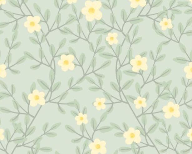 Yellow Floral on Pale Green Cotton Fabric-  100% Cotton Continuous Cuts -  Drewie Pie Fabrics