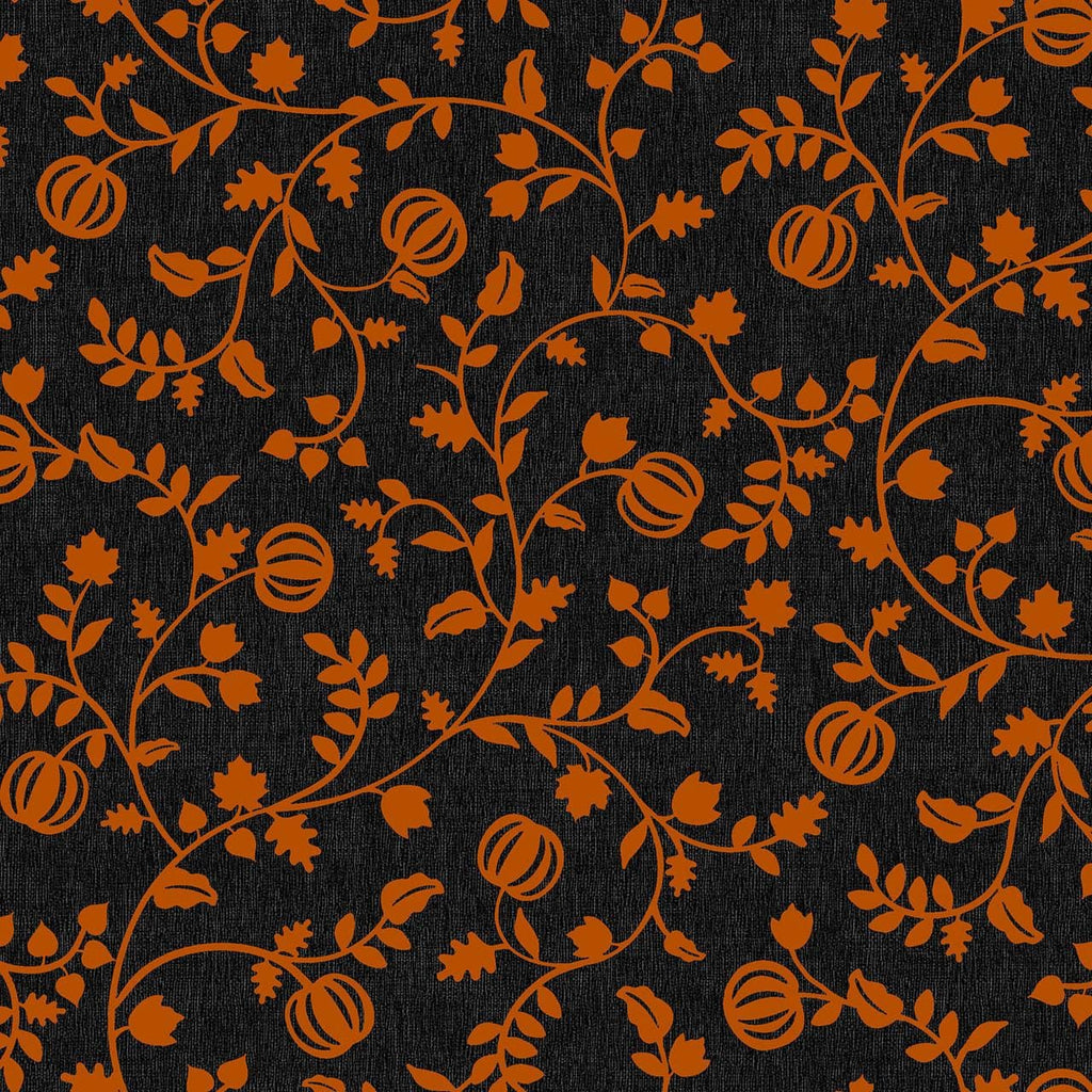 Orange Pumpkin Vines Black Halloween Fabric - 100% Cotton - Continuous cuts Pumpkin Grove Pumpkin Vines - Orange MAS11184-JO