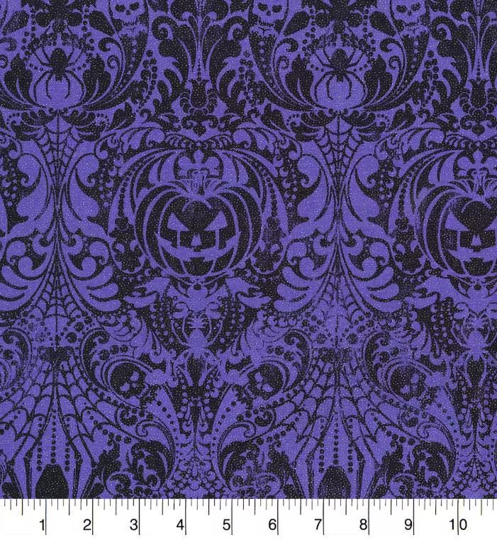 Glitter Accent Pumpkins on Purple Fabric - Cotton Halloween Fabric - 100% Cotton - Continuous cuts -Fabric Traditions