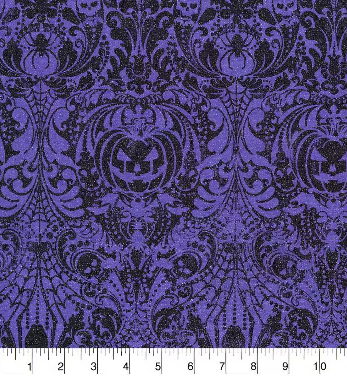 Glitter Accent Pumpkins on Purple Fabric - Cotton Halloween Fabric - 100% Cotton - Continuous cuts -Fabric Traditions