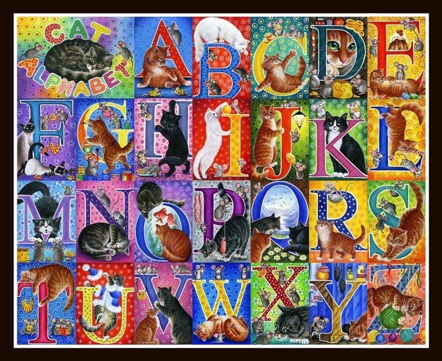 Cat Alphabet Fabric Panel 36"x42" 100% Cotton Fabric