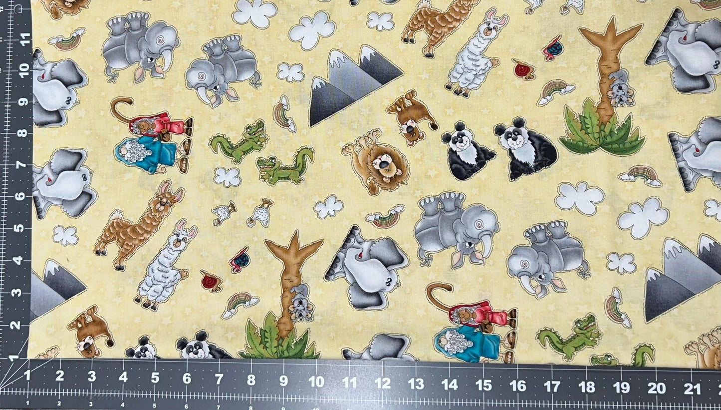Henry Glass Fabric -Two by Two 1758-33 Butter - Noah and Animals 100% Cotton Continuous cuts