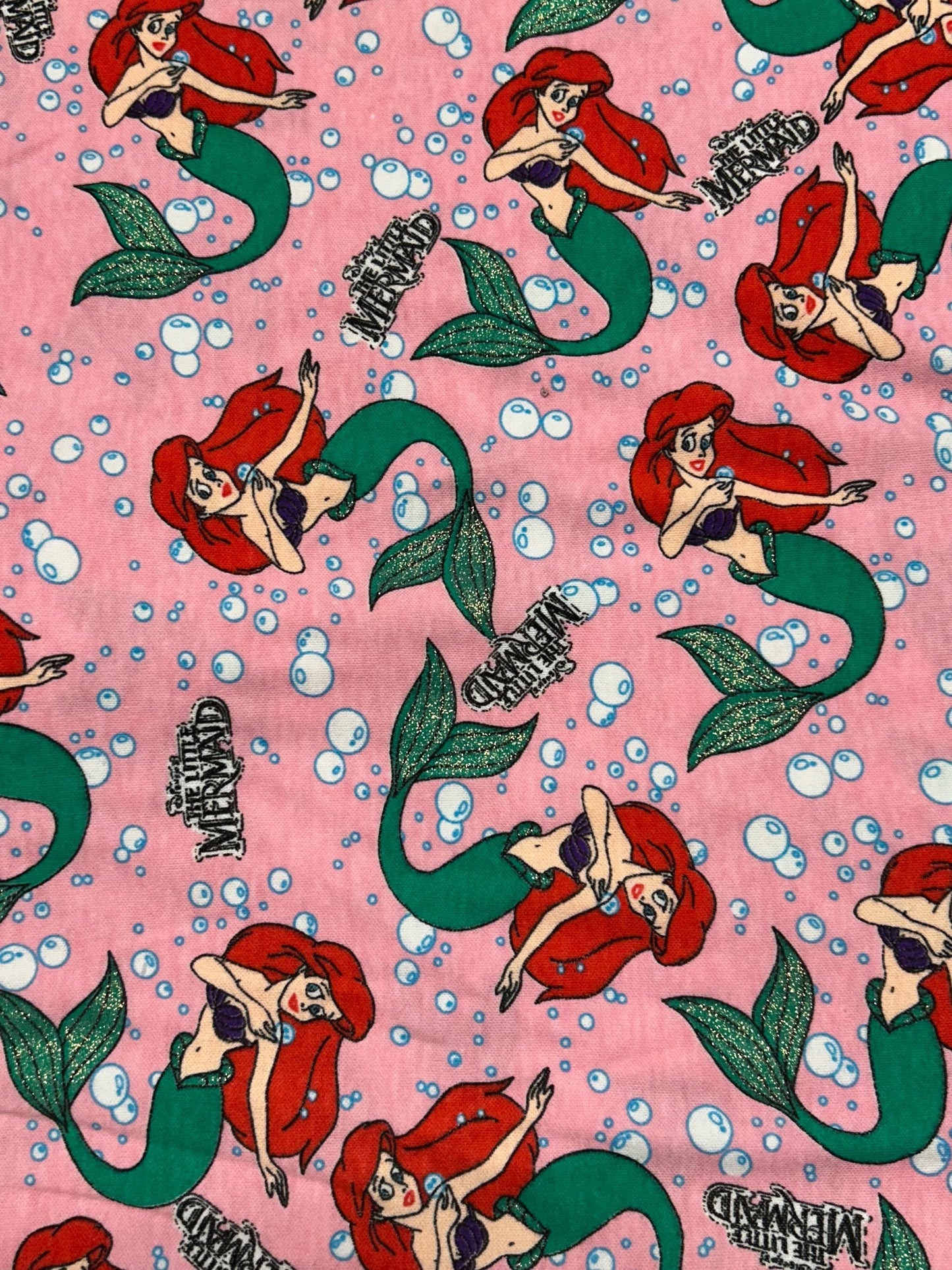 Vintage Ariel The Little Mermaid Fabric- Jersey Knit material - continuous cuts - Glitter Accent Licensed Fabric