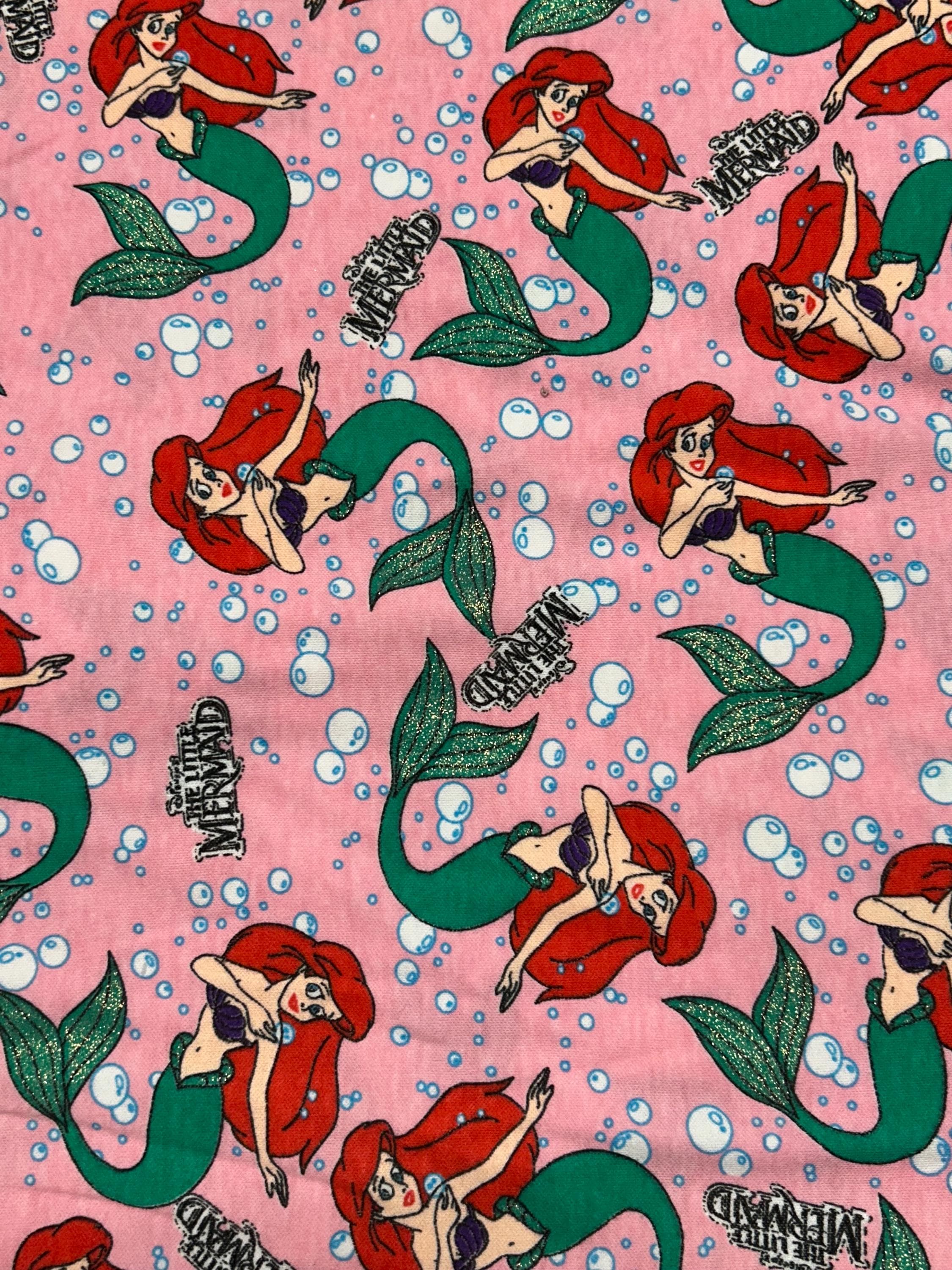 Vintage Ariel The Little Mermaid Fabric- Jersey Knit material - continuous cuts - Glitter Accent Licensed Fabric