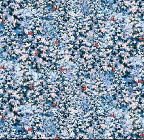 Cardinal Nest on Birch Tree Holiday Fabric 100% Cotton - Fabric- continuous cuts