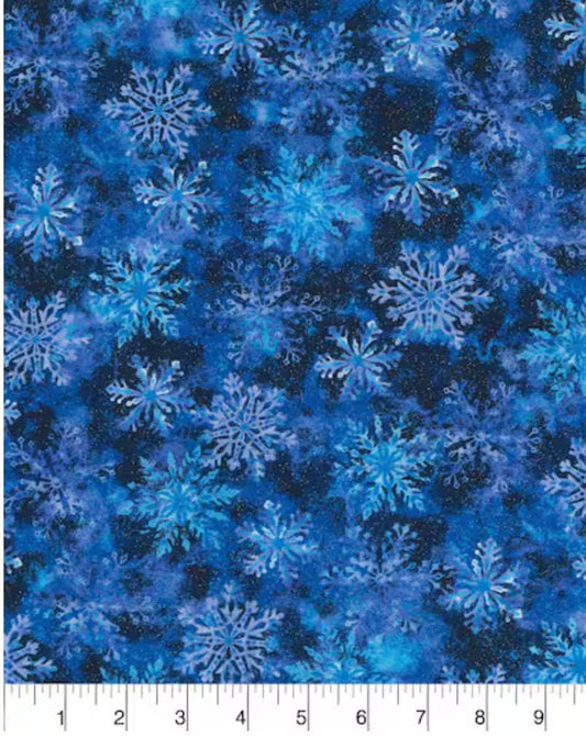 Blue Glitter Winter Snowflake Christmas Cotton Fabric Snowflakes - cut to size -