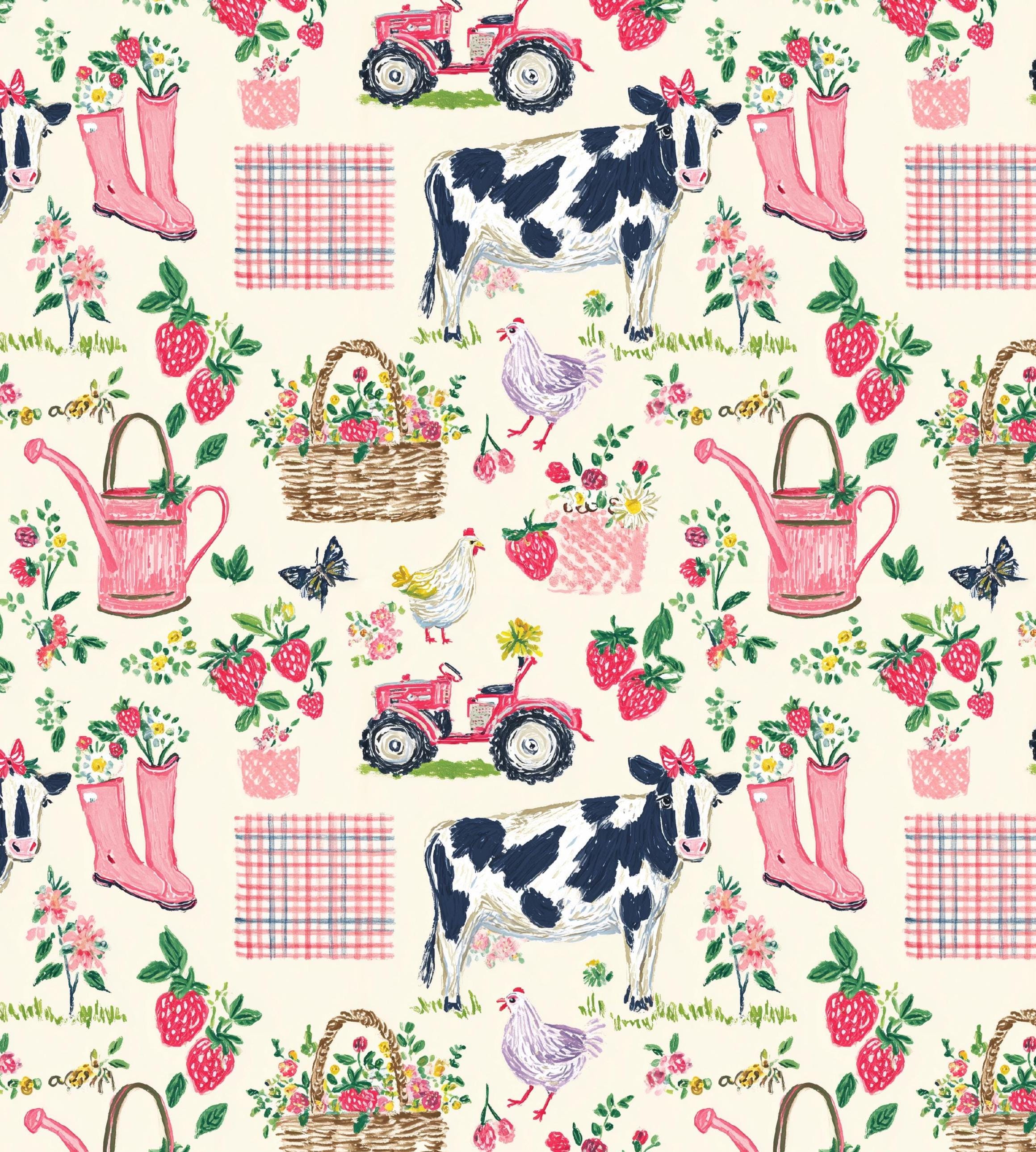 Watercolor Farm Cow Rainboots Cotton fabric- Continuous cuts- 100% Cotton-