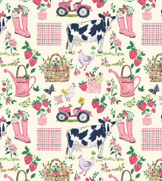 Watercolor Farm Cow Rainboots Cotton fabric- Continuous cuts- 100% Cotton-
