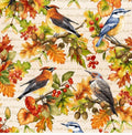 HG-Oak and Berries Digitally printed 3653-44 Cream/Multi - Allover Birds and Leaves Cotton Fabric- 100% Cotton - Autumn