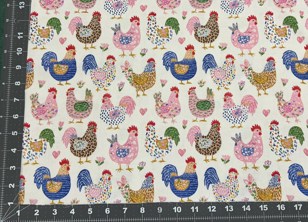 Watercolor Chickens Cotton fabric- Continuous cuts- 100% Cotton- Drewie Pie Fabrics