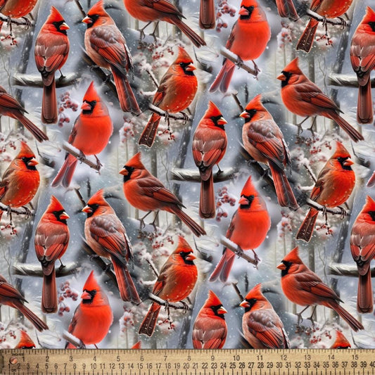 Perched Cardinals 100% Cotton Fabric - Continuous Cuts - David Textiles