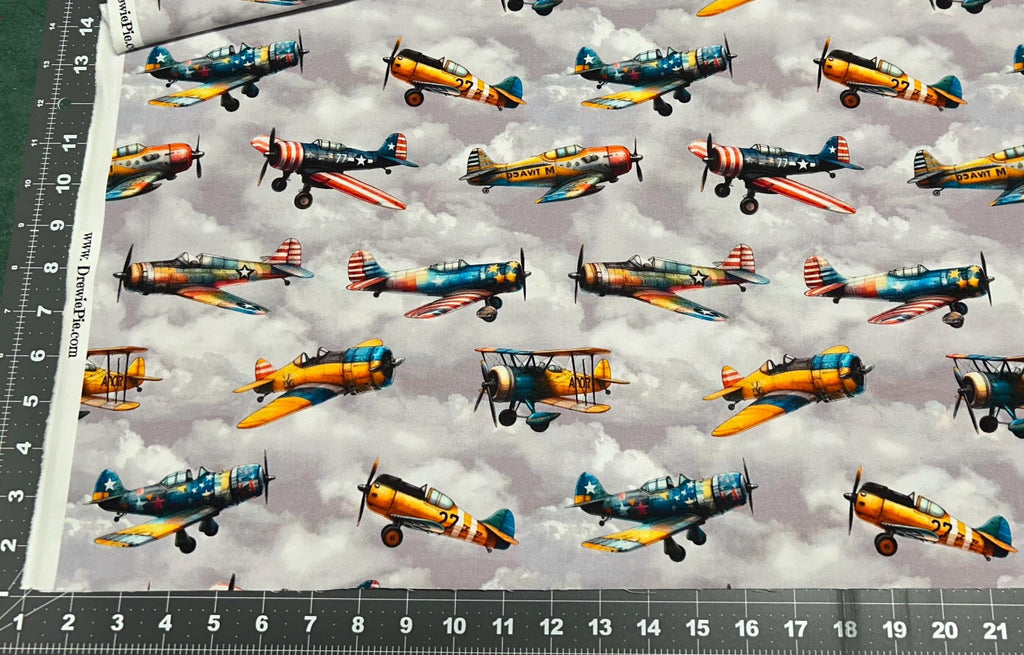 Vintage Airplane Fabric - 100% Cotton - Sky - Plane - Flight - Boy - Clouds -Continuous Cuts Planes, Trains, Trucks