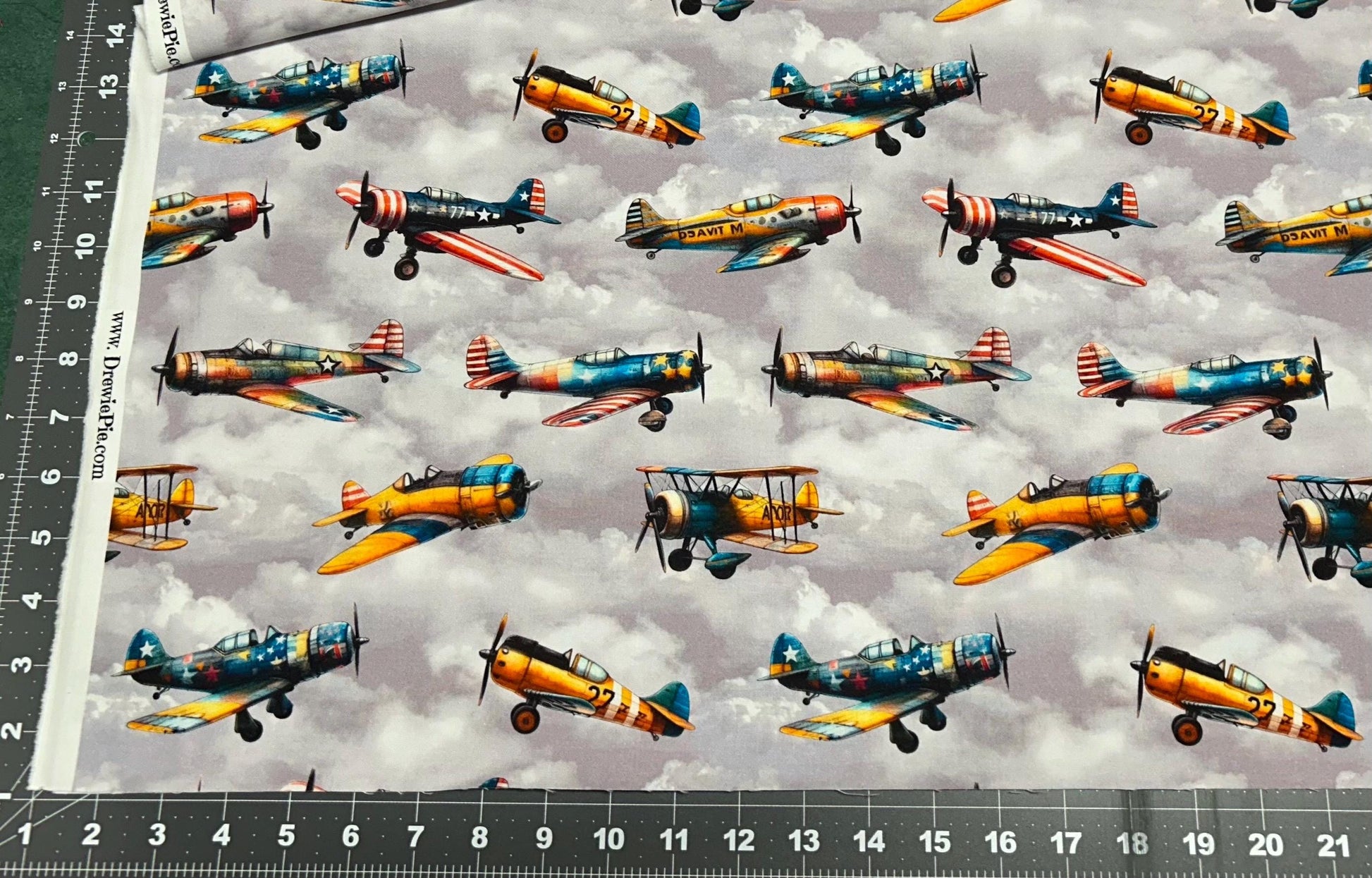 Vintage Airplane Fabric - 100% Cotton - Sky - Plane - Flight - Boy - Clouds -Continuous Cuts Planes, Trains, Trucks