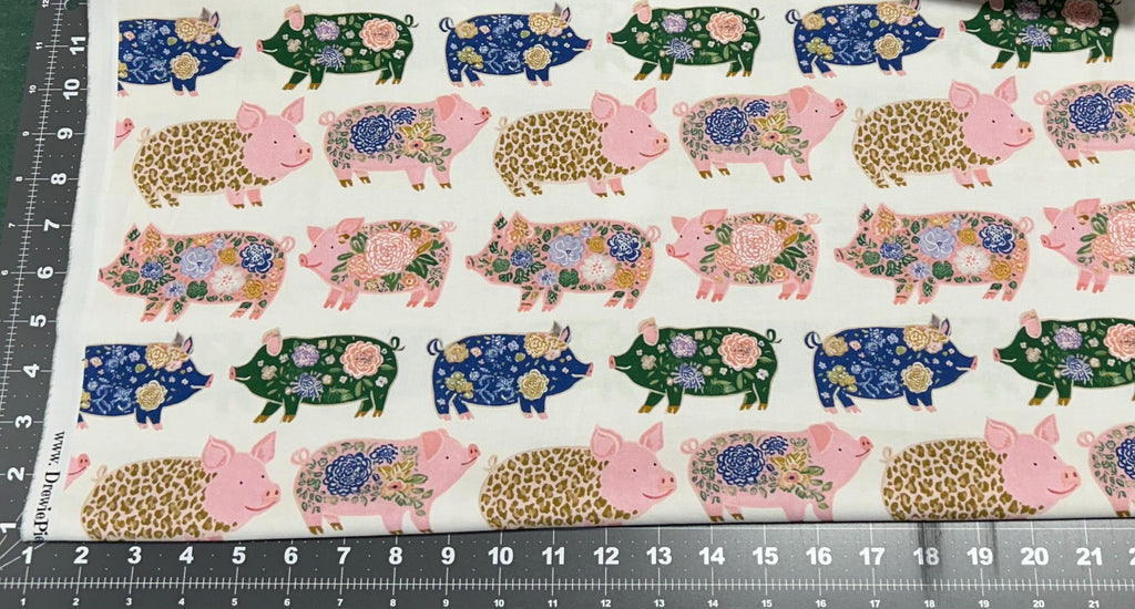 Watercolor Pigs on White Cotton fabric- Continuous cuts- 100% Cotton-