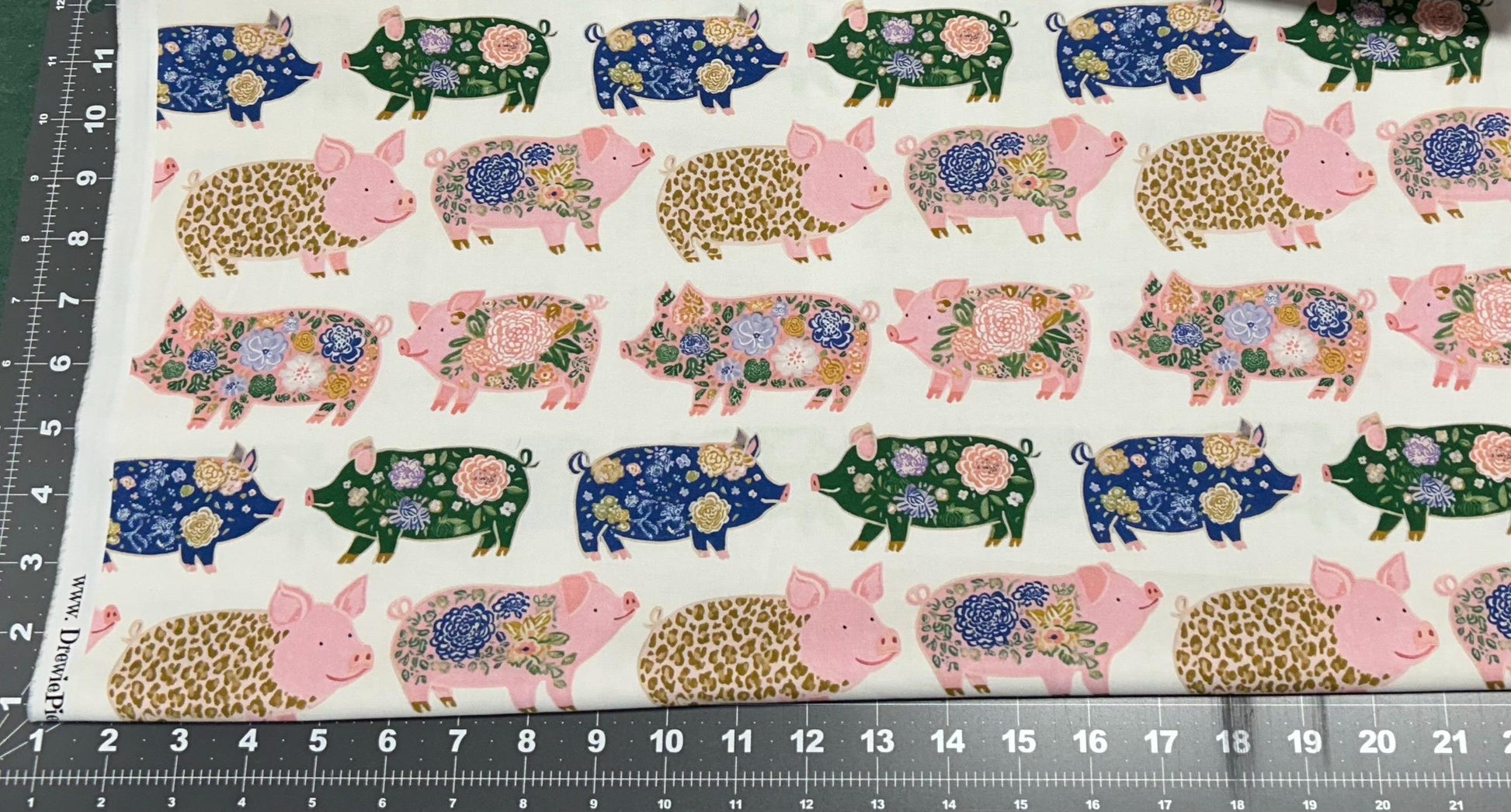 Watercolor Pigs on White Cotton fabric- Continuous cuts- 100% Cotton-