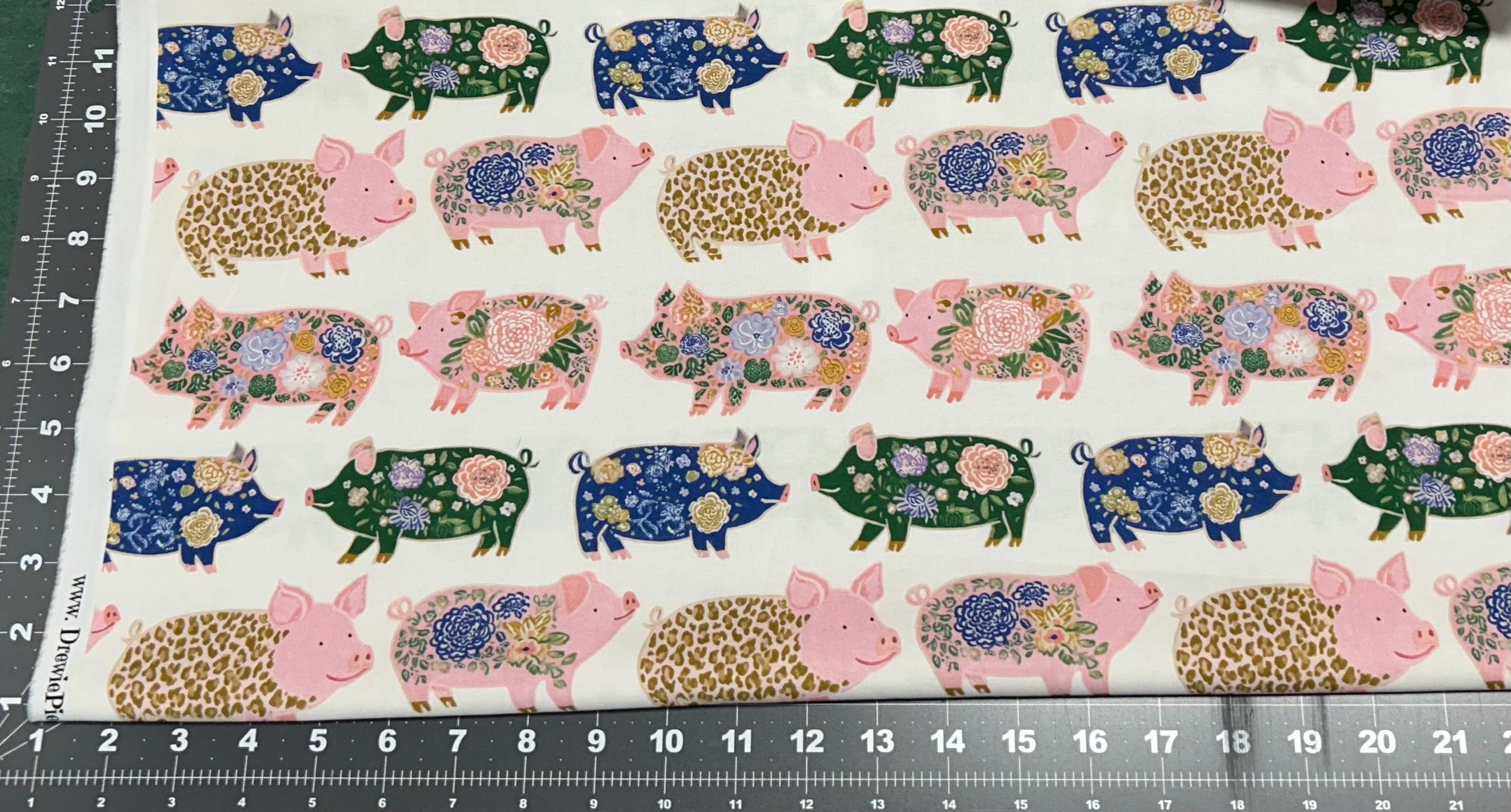 Watercolor Pigs on White Cotton fabric- Continuous cuts- 100% Cotton-
