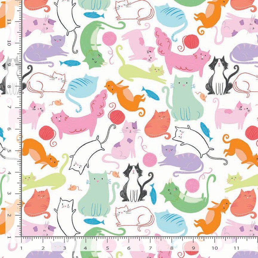 Caturday 100% Cotton- Continuous Cuts -  Timeless treasures TT-AT CD4385 White - Caturday