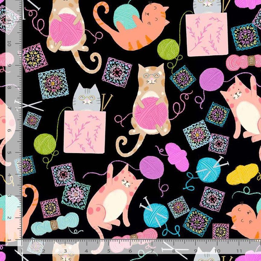Knitting Kittens 100% Cotton- Continuous Cuts -  Timeless treasures TT-AT CD4384 Black -