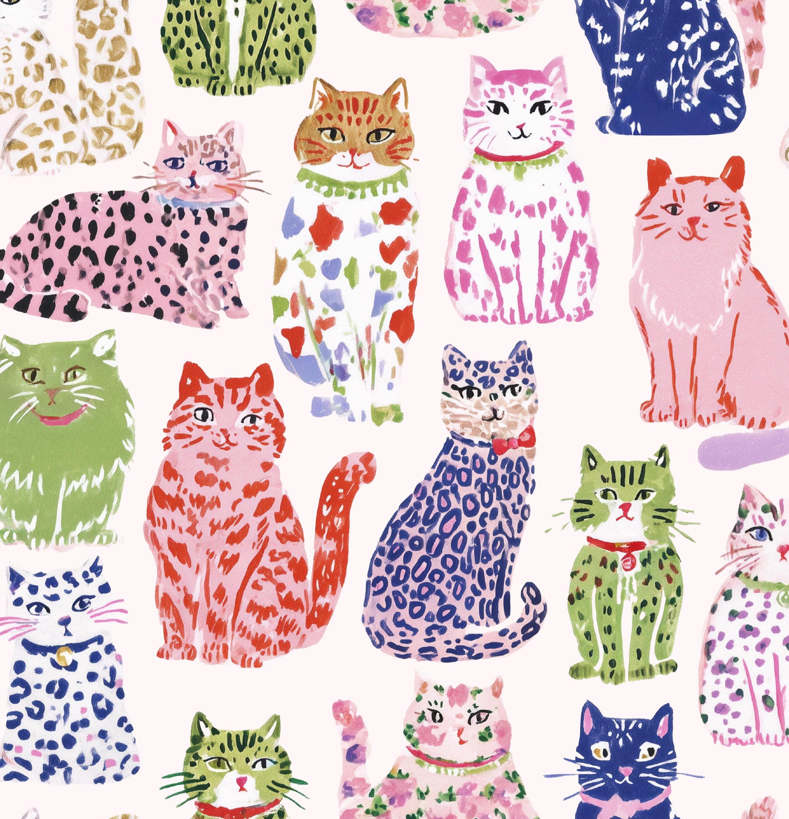 Watercolor Cats Cotton fabric- Continuous cuts- 100% Cotton- Drewie Pie Fabrics