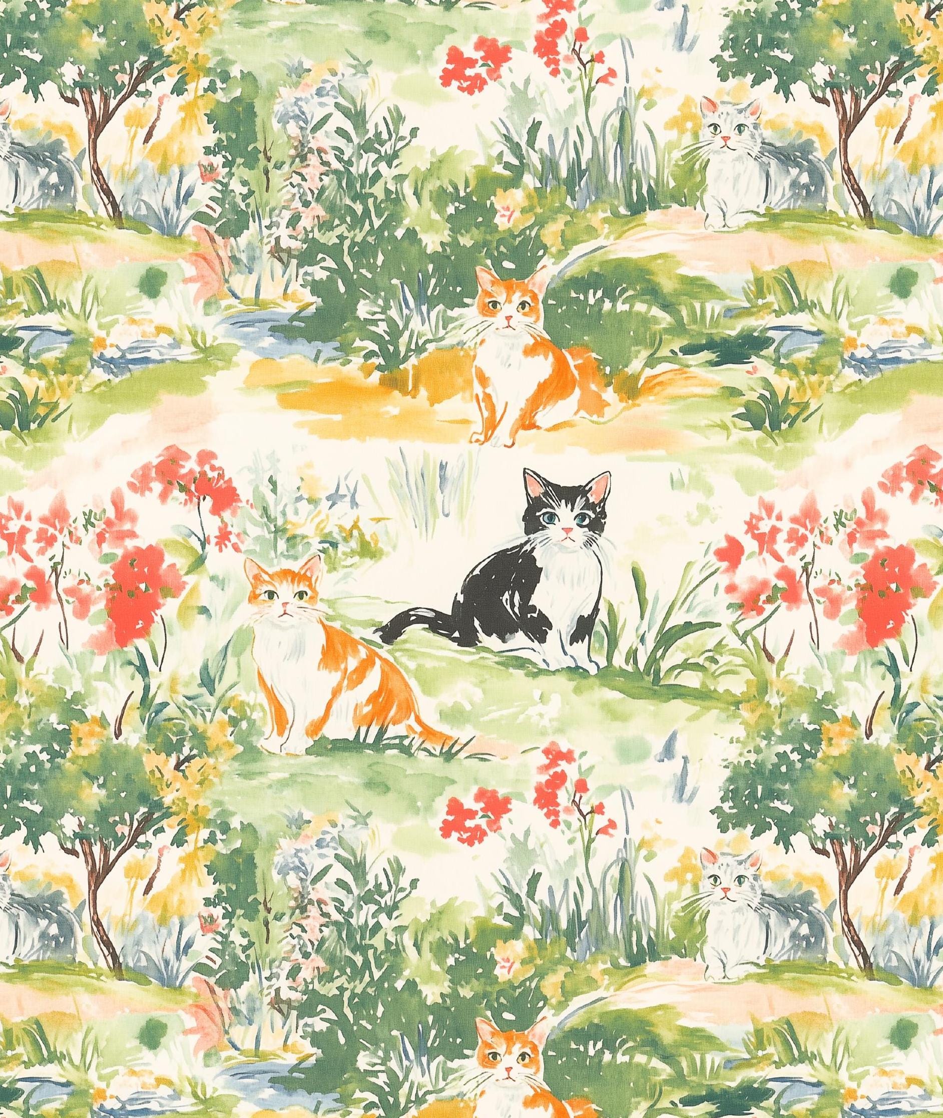 Watercolor Cats on the Farm Cotton fabric- Continuous cuts- 100% Cotton- Drewie Pie Fabrics