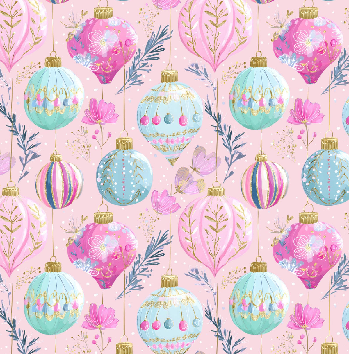 Ornament Pink Christmas Cotton fabric - Christmas - holiday- continuous cuts - Drewie Pie Fabrics