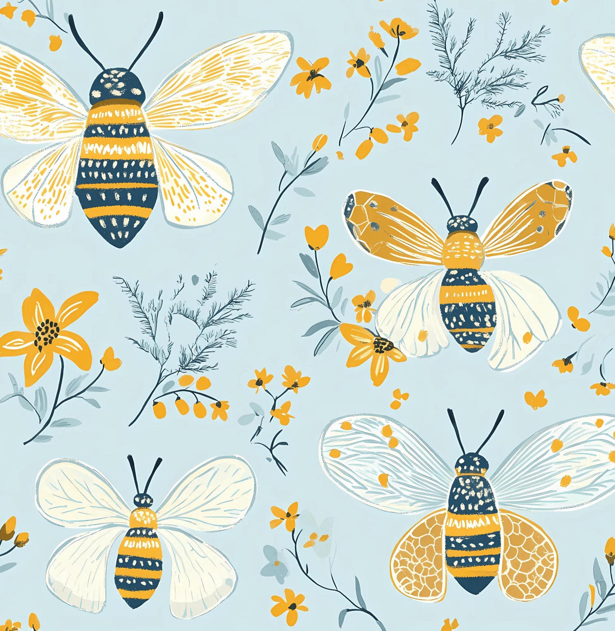 Pretty Bees on Blue Cotton fabric Continuous cuts- 100% Cotton Designed by DigiBunnyStudio - Fabric by Drewie Pie Fabrics