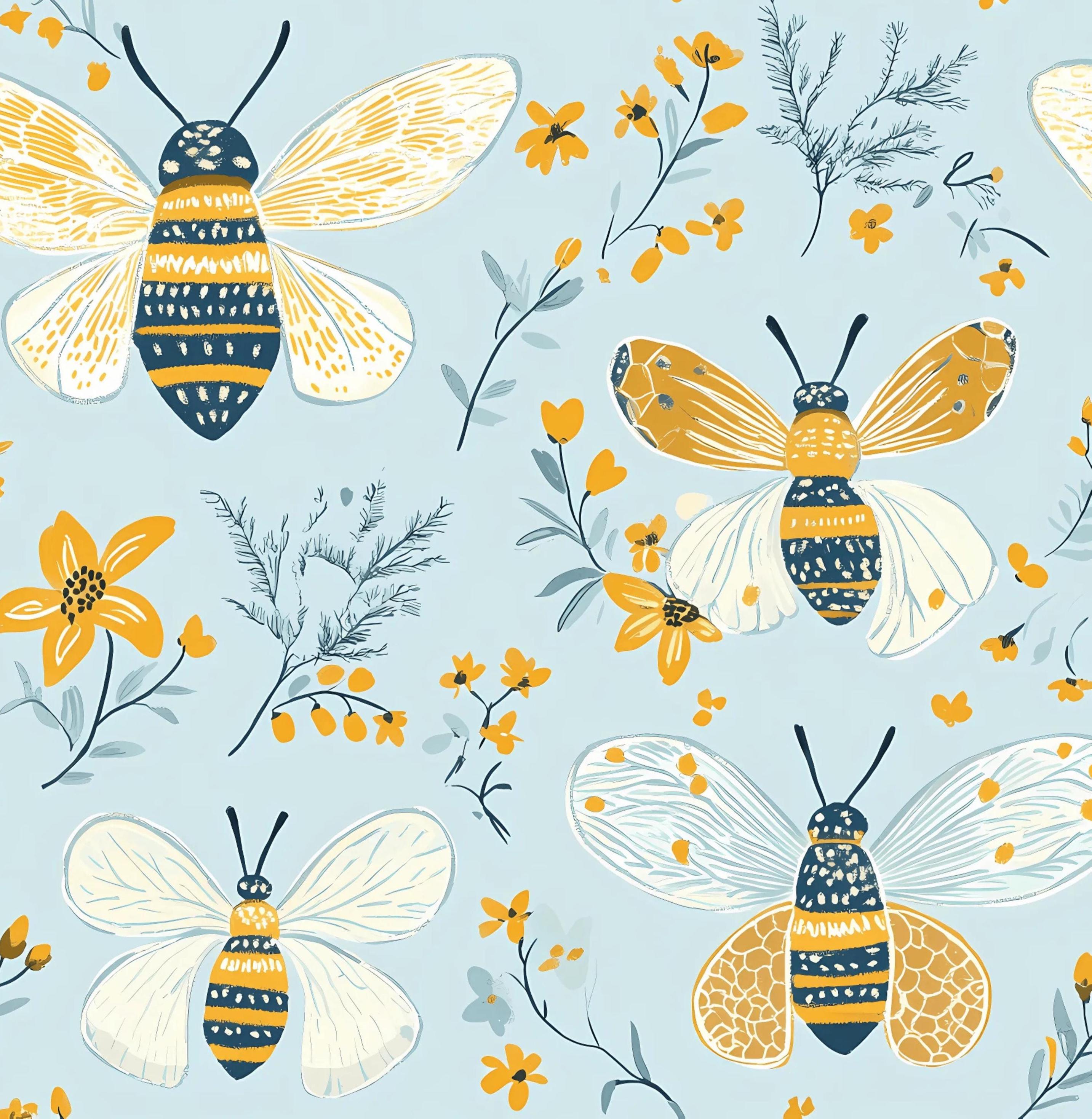 Pretty Bees on Blue Cotton fabric Continuous cuts- 100% Cotton Designed by DigiBunnyStudio - Fabric by Drewie Pie Fabrics