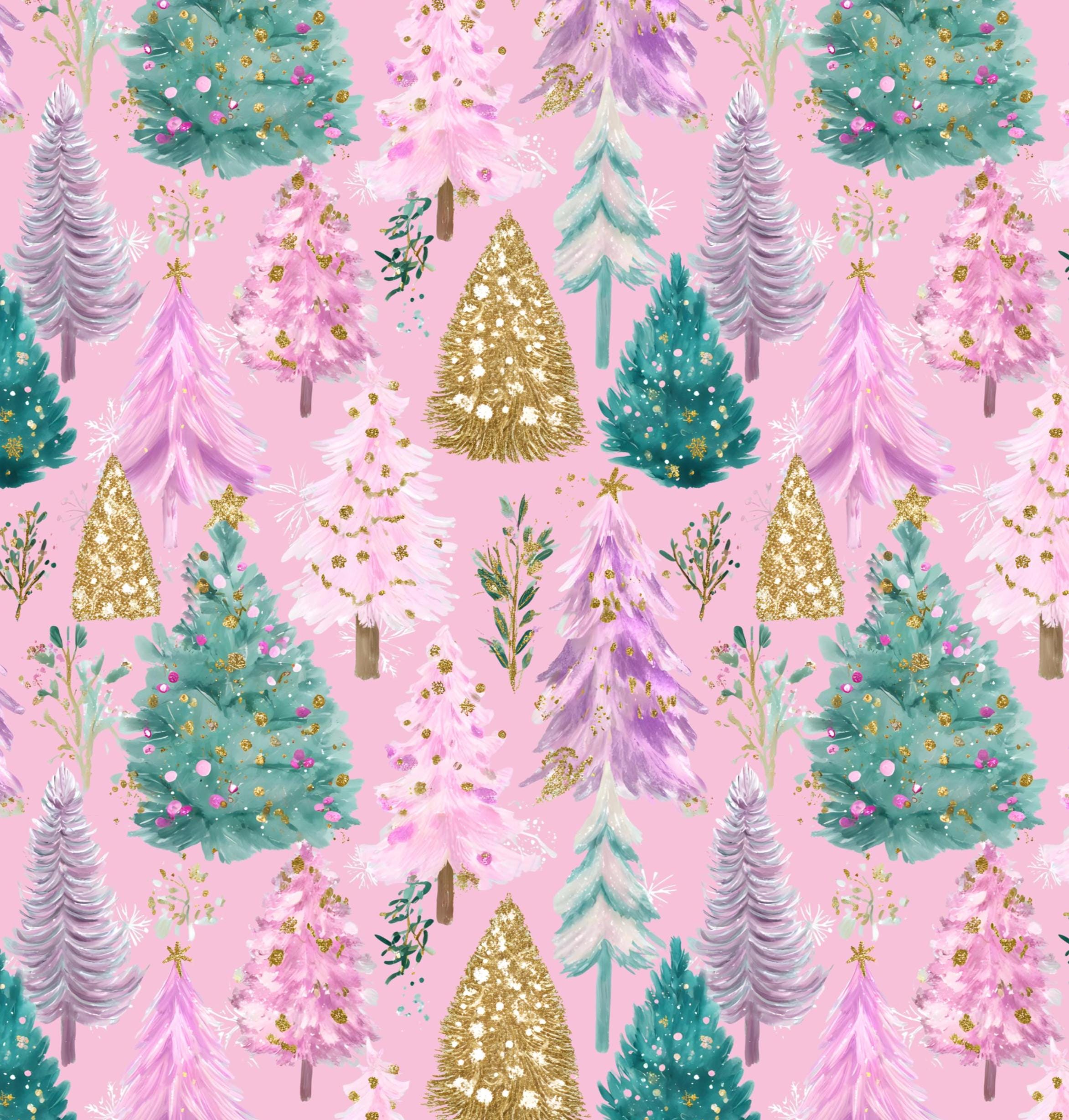 Festive Pink Christmas Trees Cotton fabric - Christmas - holiday- continuous cuts - Drewie Pie Fabrics