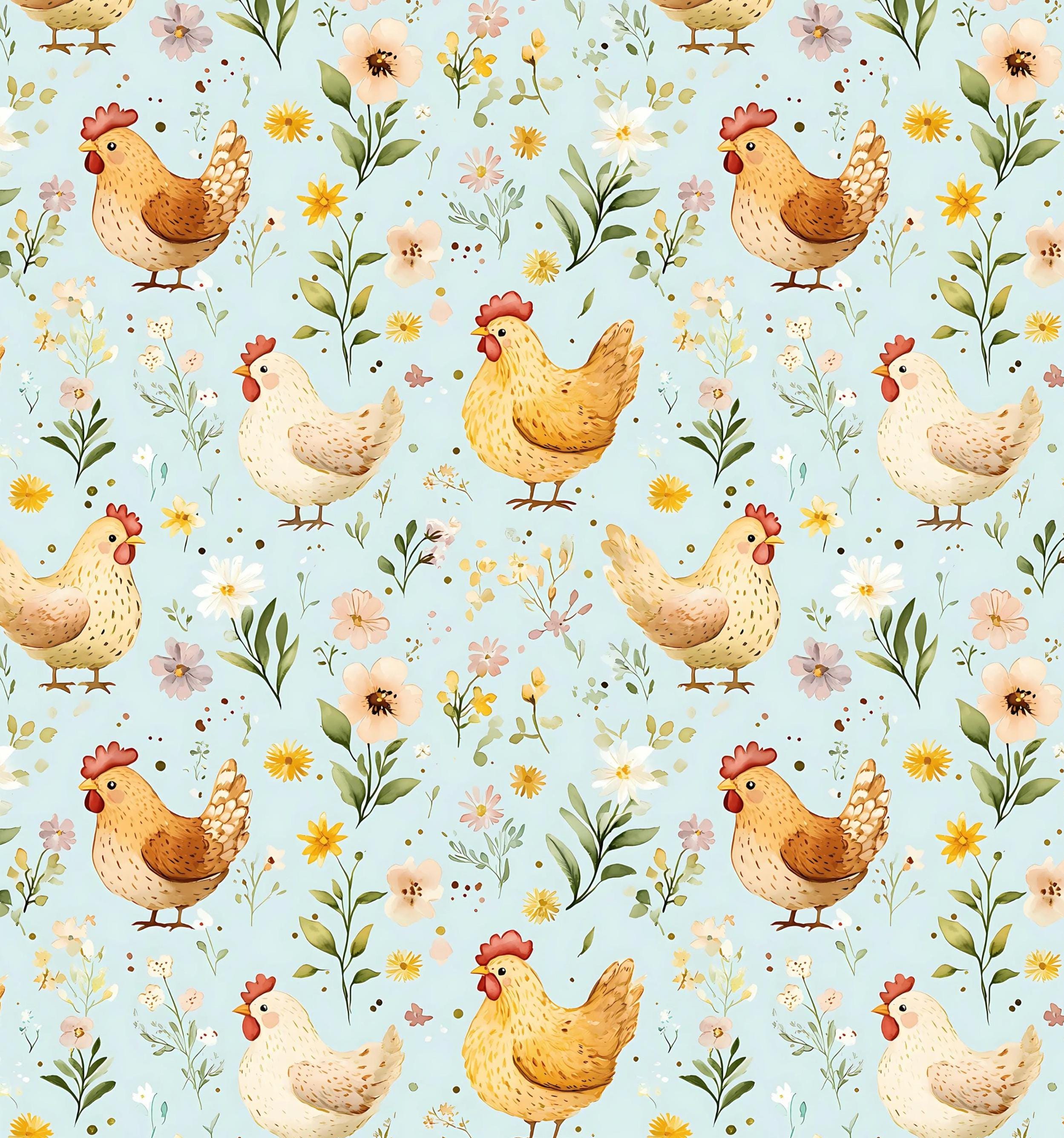 Floral Blue Chickens Cotton fabric- Continuous cuts- 100% Cotton- Drewie Pie Fabrics