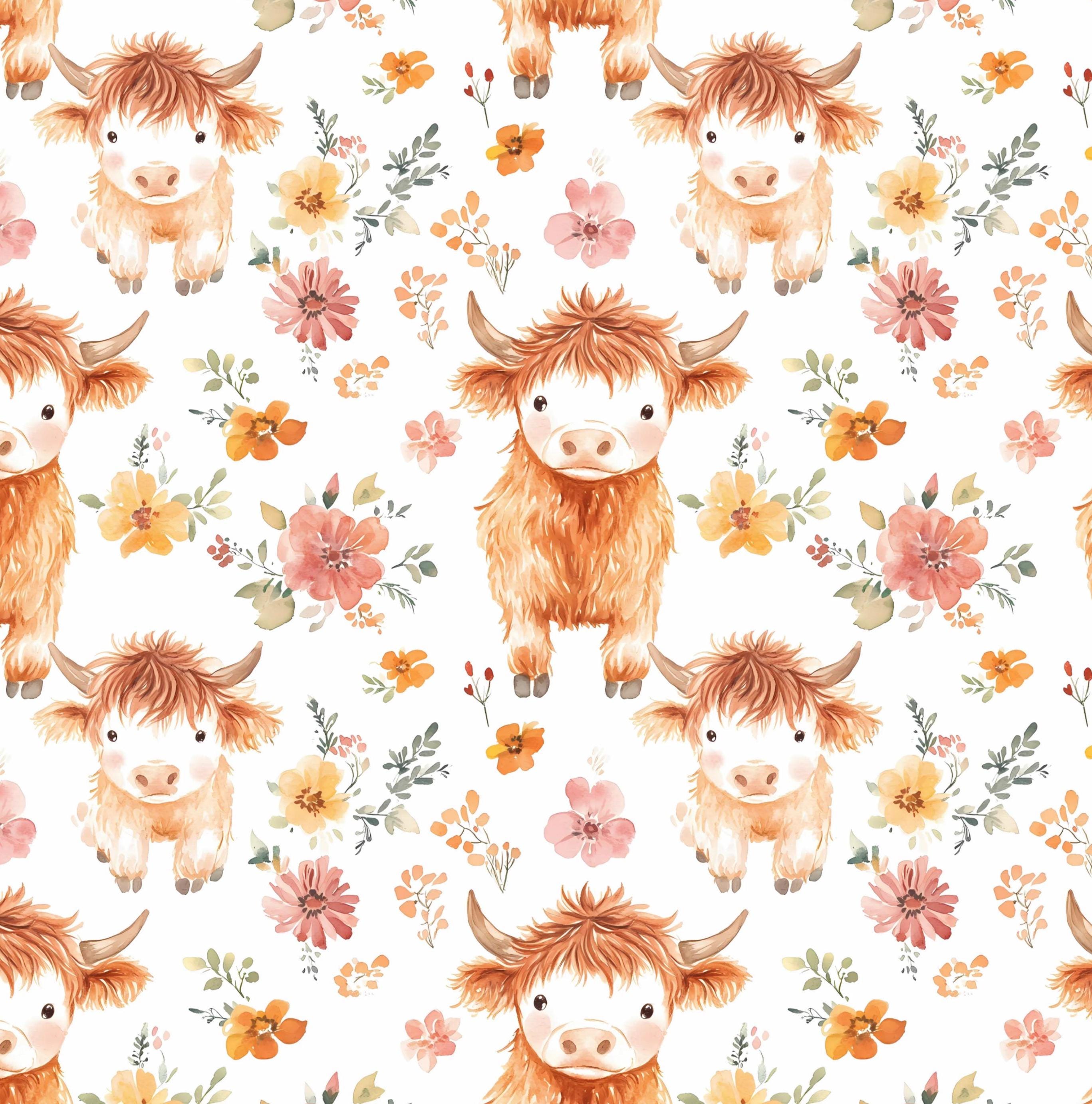 Cute Floral Highland Cows Fabric - 100% Cotton - Fabric- continuous cuts - Drewie Pie Fabrics