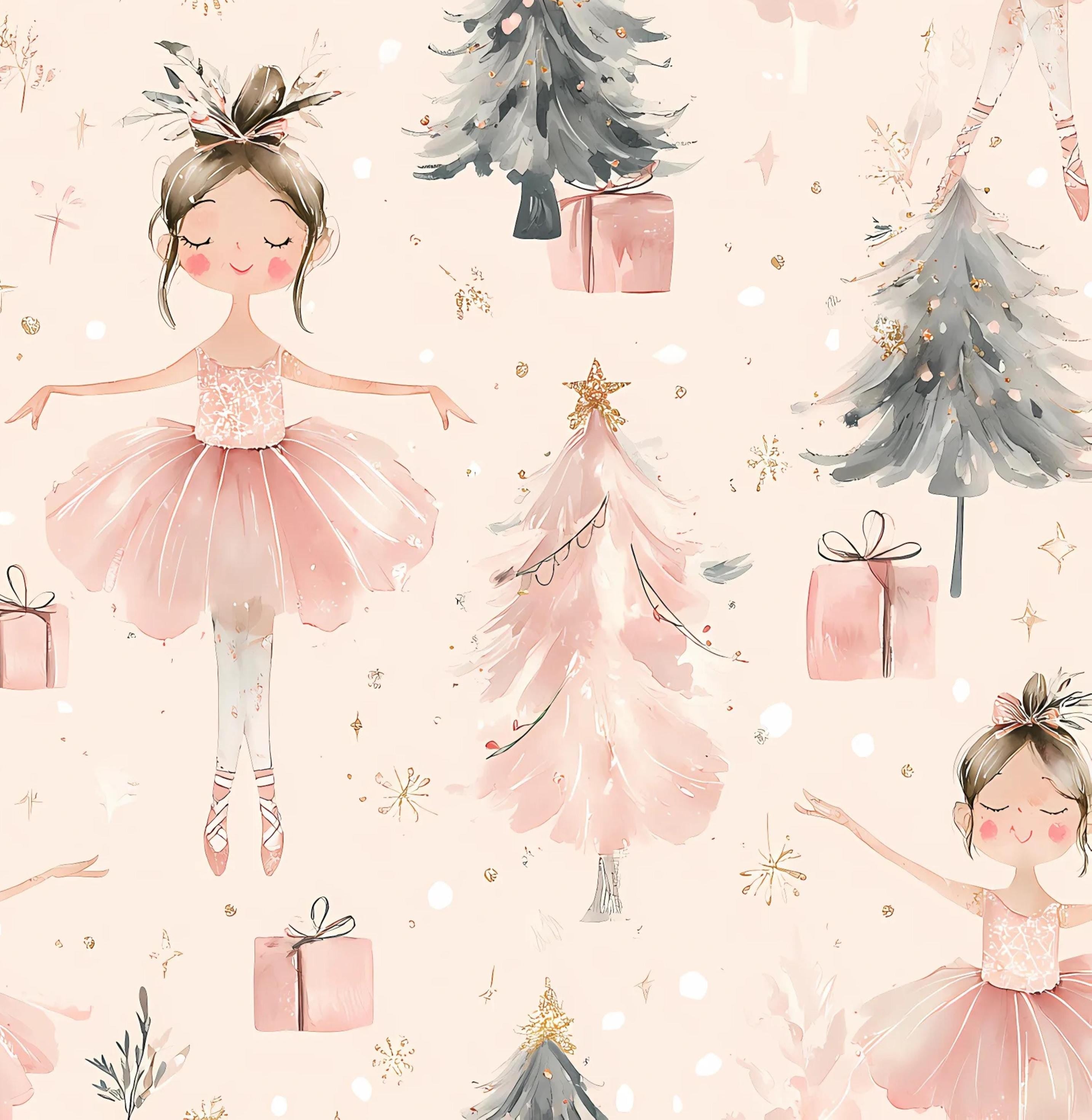 Ballerina & Christmas Tree Ballet cotton fabric - 100% Cotton - continuous cuts - Drewie Pie Fabrics