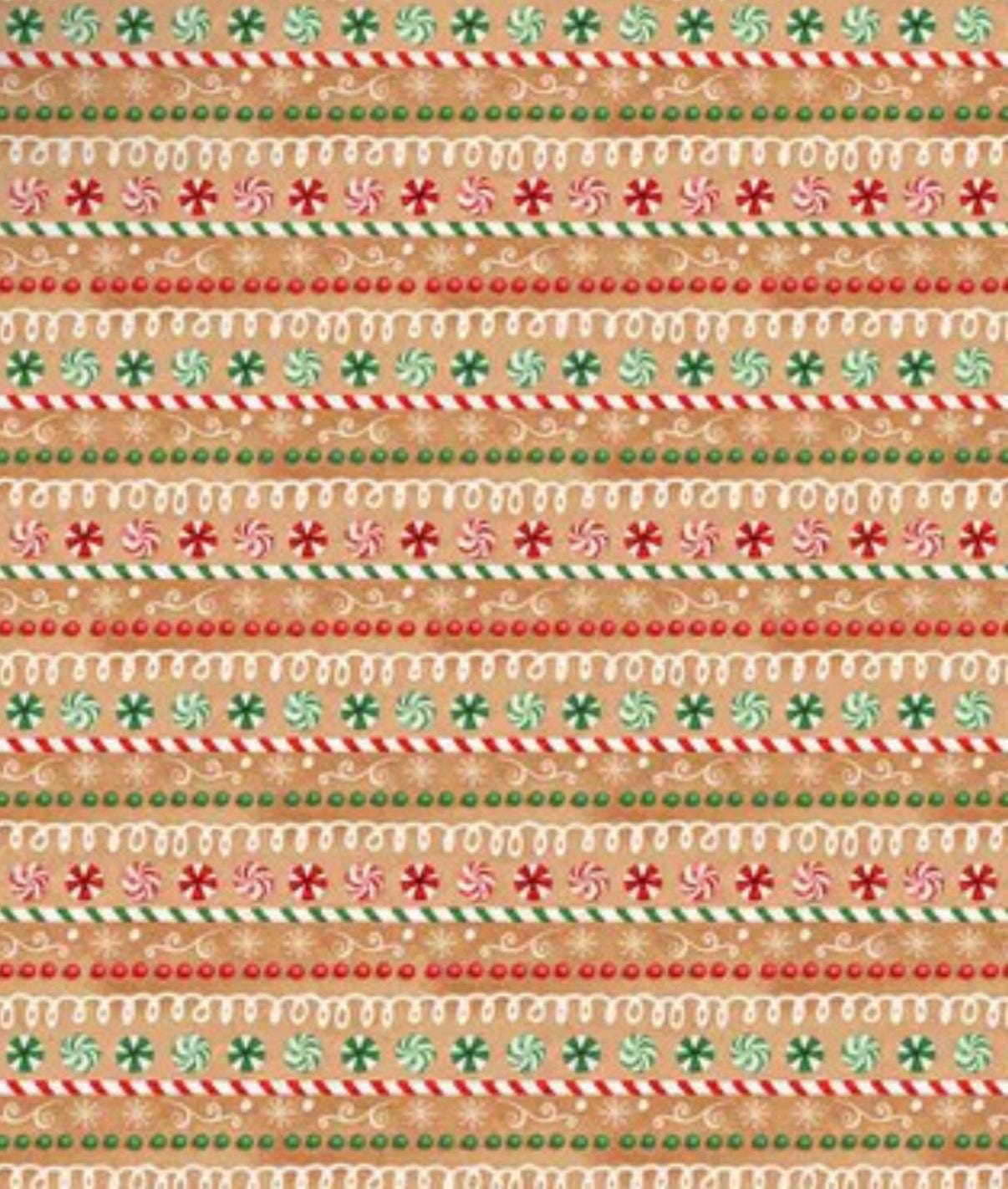 Very Merry Gingerbread 24616 Tan Iced Candy Stripe 100% Cotton fabric - Continuous Cuts