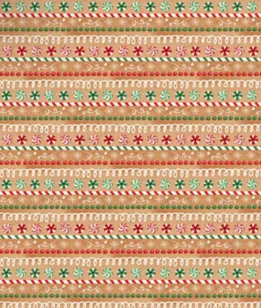 Very Merry Gingerbread 24616 Tan Iced Candy Stripe 100% Cotton fabric - Continuous Cuts