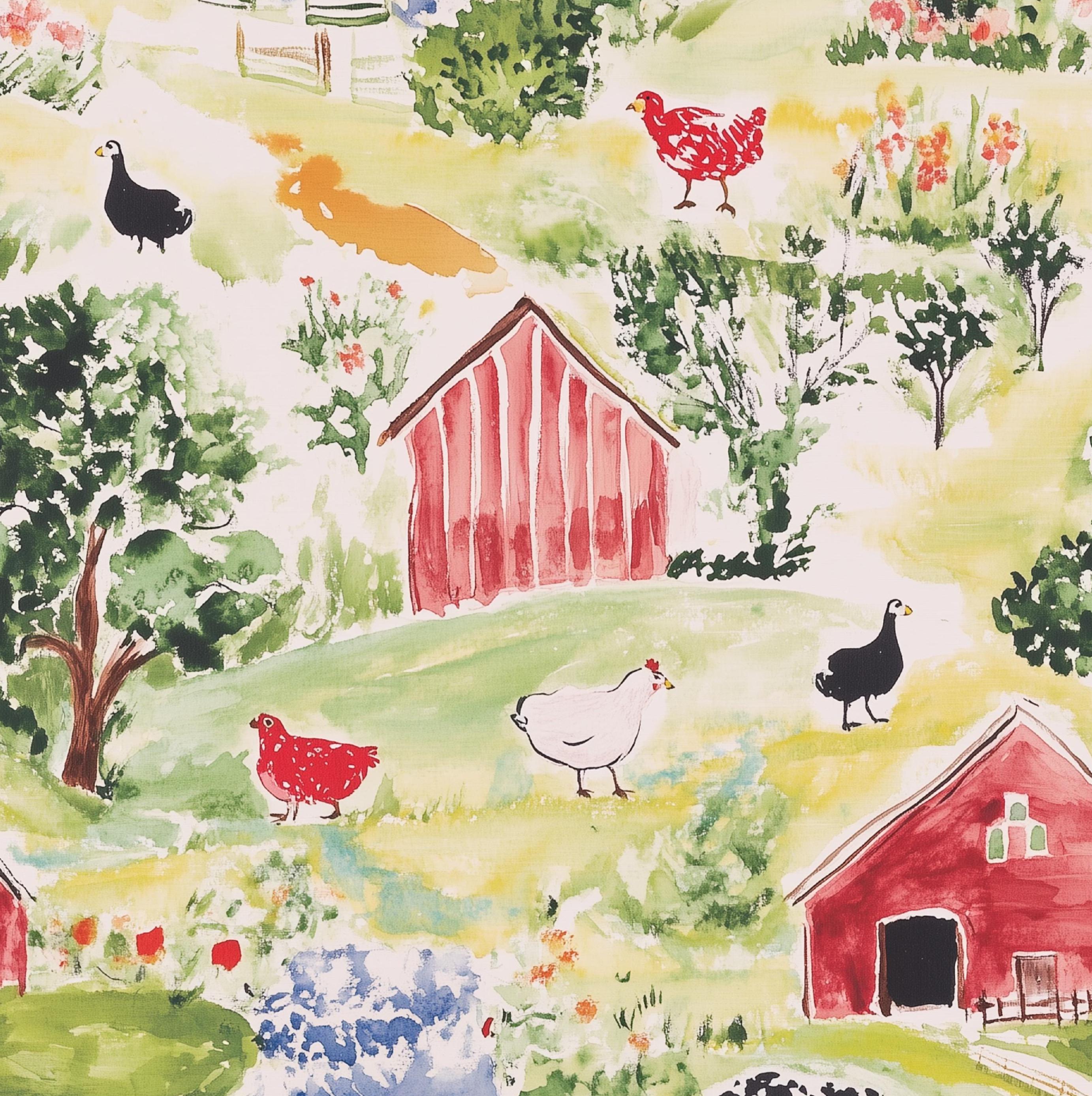 Watercolor Chicken Coop & Chickens Cotton fabric- Continuous cuts- 100% Cotton- Drewie Pie Fabrics
