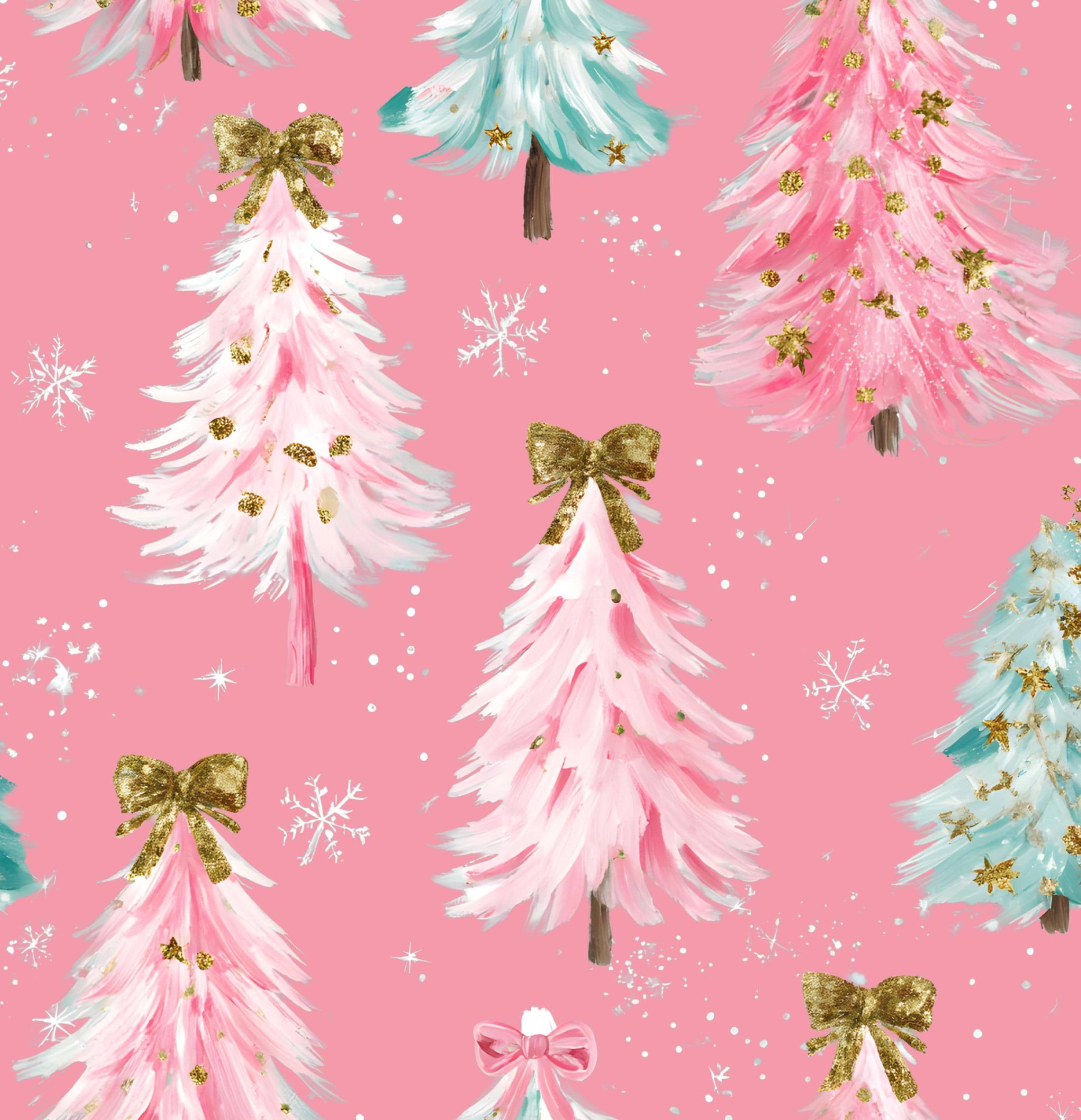 Gold Bowed Coral Pink Christmas Trees Cotton fabric - Christmas - holiday- continuous cuts