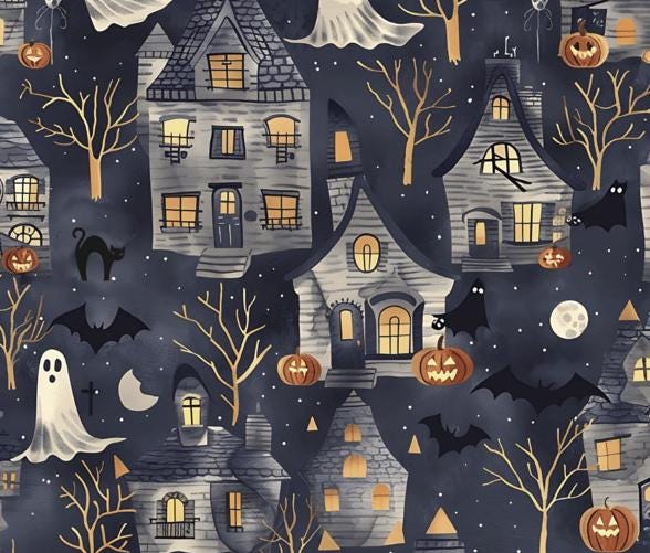 Haunted Halloween Scene 100% Cotton Fabric - Drewie Pie Fabrics