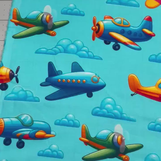 Blue Airplane Fabric - 100% Cotton - Sky - Plane - Flight - Boy - Clouds -Continuous Cuts Planes, Trains, Trucks