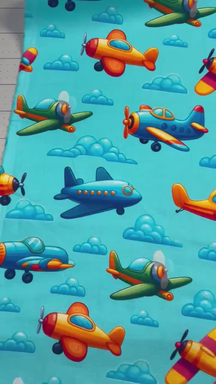 Blue Airplane Fabric - 100% Cotton - Sky - Plane - Flight - Boy - Clouds -Continuous Cuts Planes, Trains, Trucks